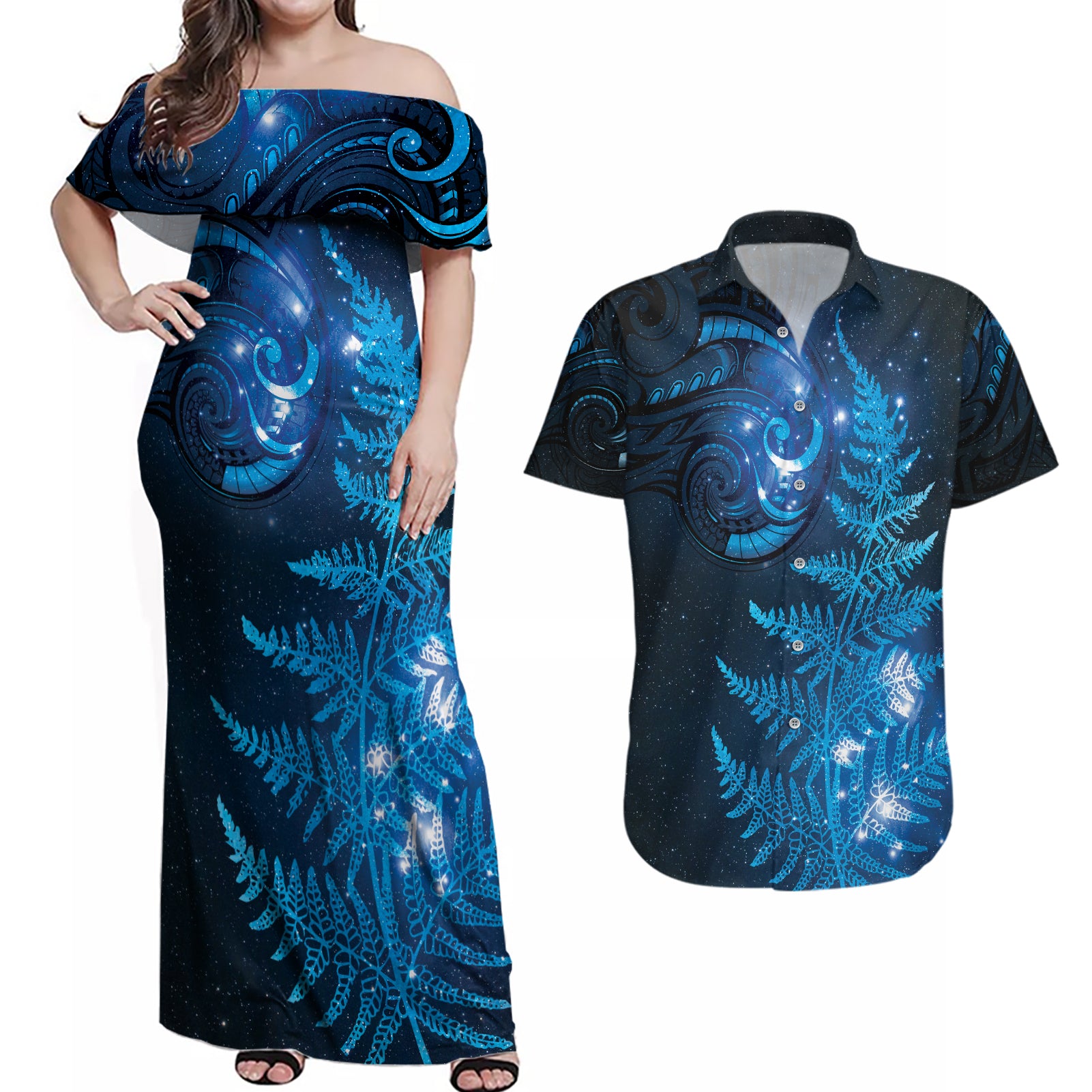 New Zealand Matariki Couples Matching Off Shoulder Maxi Dress and Hawaiian Shirt Blue Milky Way Stars Night Sky