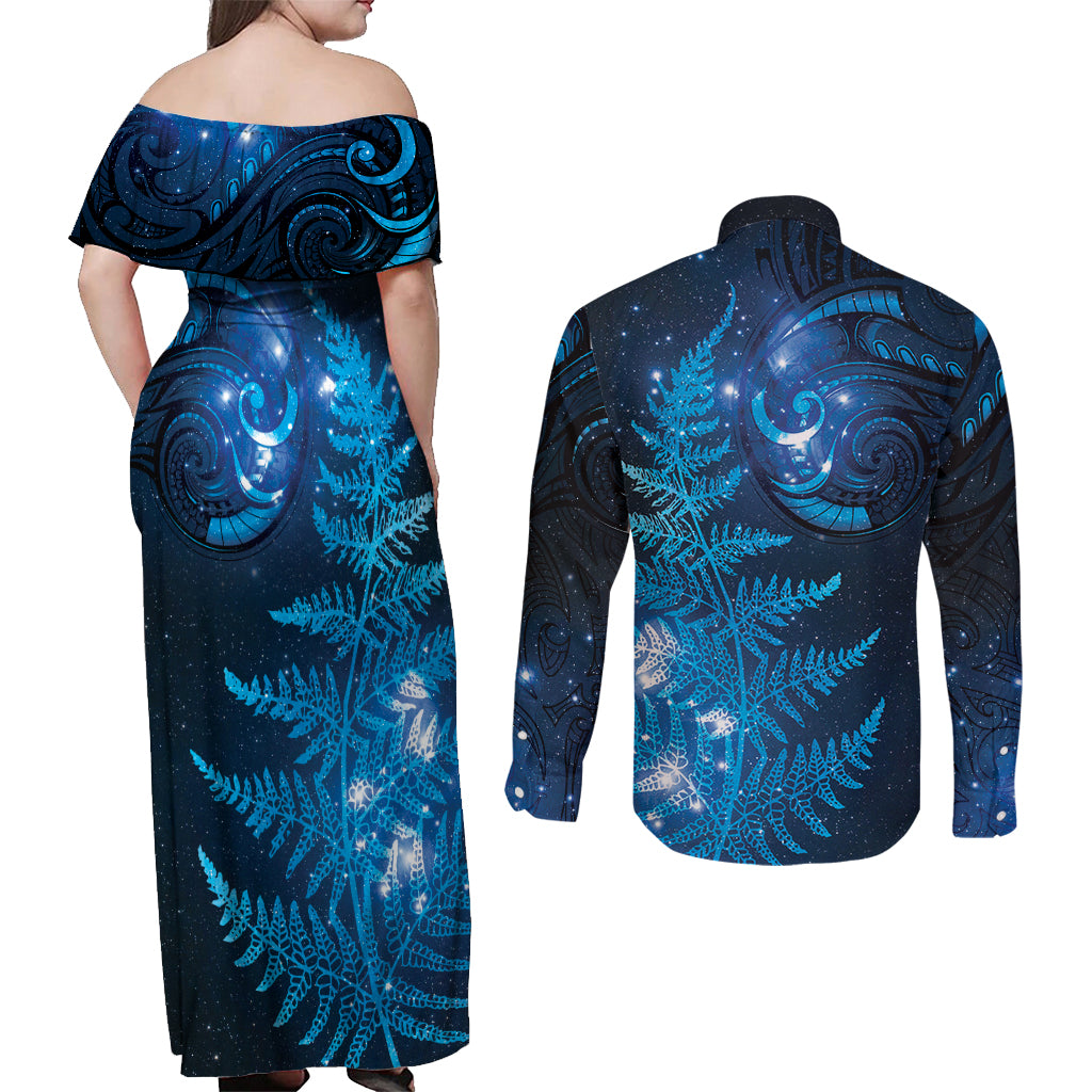 New Zealand Matariki Couples Matching Off Shoulder Maxi Dress and Long Sleeve Button Shirt Blue Milky Way Stars Night Sky