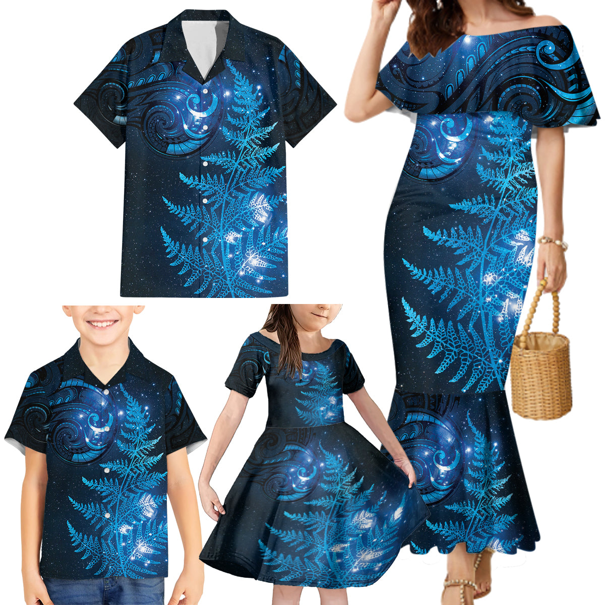 New Zealand Matariki Family Matching Mermaid Dress and Hawaiian Shirt Blue Milky Way Stars Night Sky