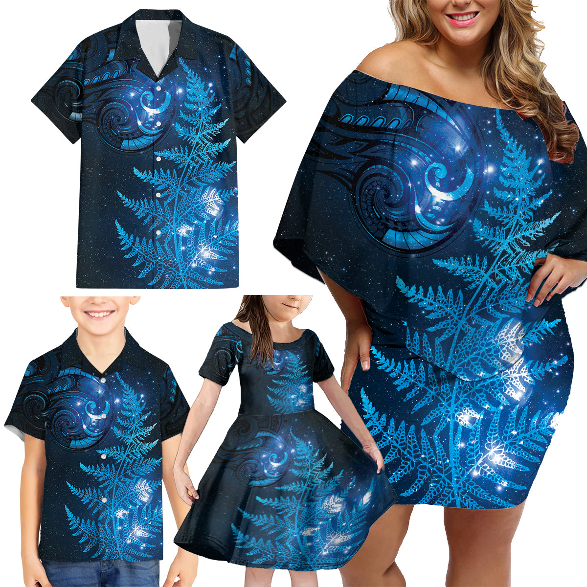 New Zealand Matariki Family Matching Off Shoulder Short Dress and Hawaiian Shirt Blue Milky Way Stars Night Sky