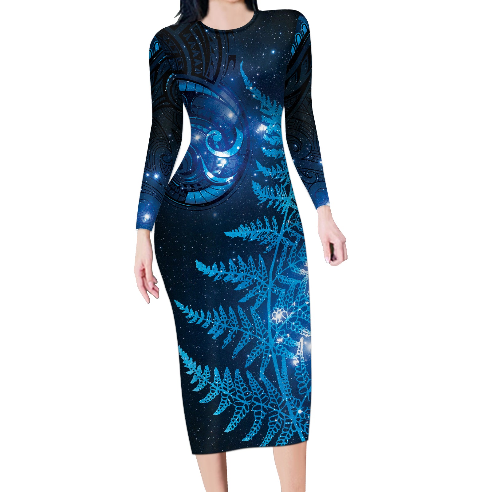 New Zealand Matariki Long Sleeve Bodycon Dress Blue Milky Way Stars Night Sky