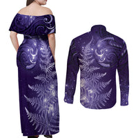 New Zealand Matariki Couples Matching Off Shoulder Maxi Dress and Long Sleeve Button Shirt Purple Milky Way Stars Night Sky