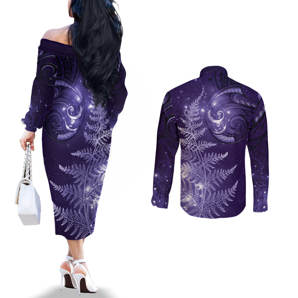 New Zealand Matariki Couples Matching Off The Shoulder Long Sleeve Dress and Long Sleeve Button Shirt Purple Milky Way Stars Night Sky