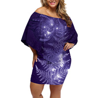 New Zealand Matariki Family Matching Off Shoulder Short Dress and Hawaiian Shirt Purple Milky Way Stars Night Sky