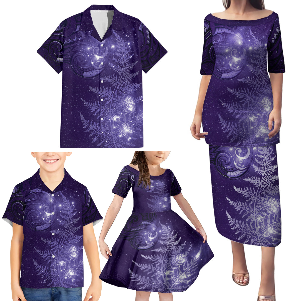 New Zealand Matariki Family Matching Puletasi and Hawaiian Shirt Purple Milky Way Stars Night Sky