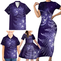 New Zealand Matariki Family Matching Short Sleeve Bodycon Dress and Hawaiian Shirt Purple Milky Way Stars Night Sky