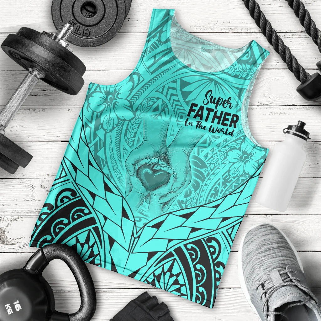 Personalised Polynesian Father's Day Gift For Dad Men Tank Top Super Father In The World - Turquoise Polynesian Pattern LT9 Turquoise - Polynesian Pride