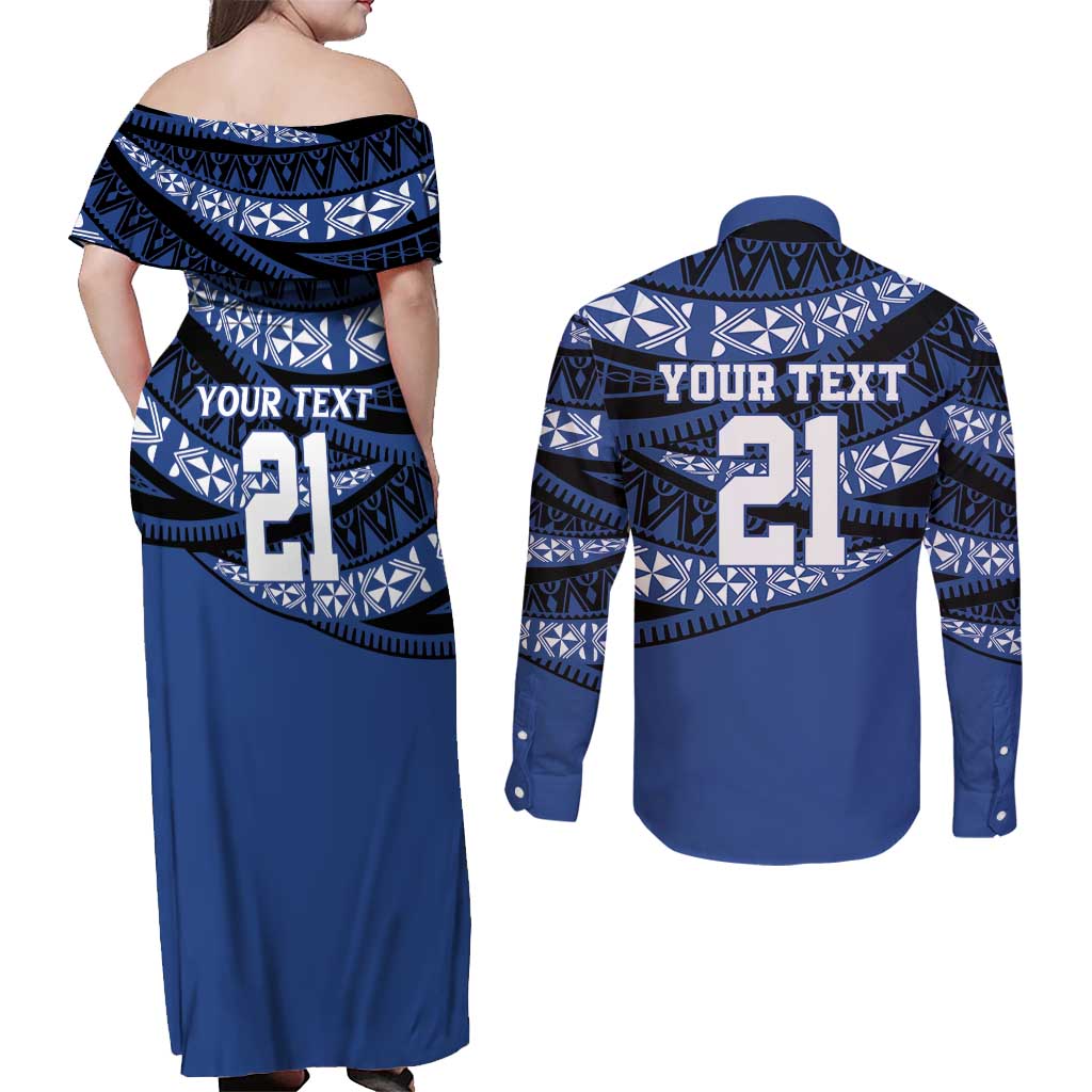 Fiji Rugby Pacific Custom Couples Matching Off Shoulder Maxi Dress and Long Sleeve Button Shirt Pasifika Tapa Pattern