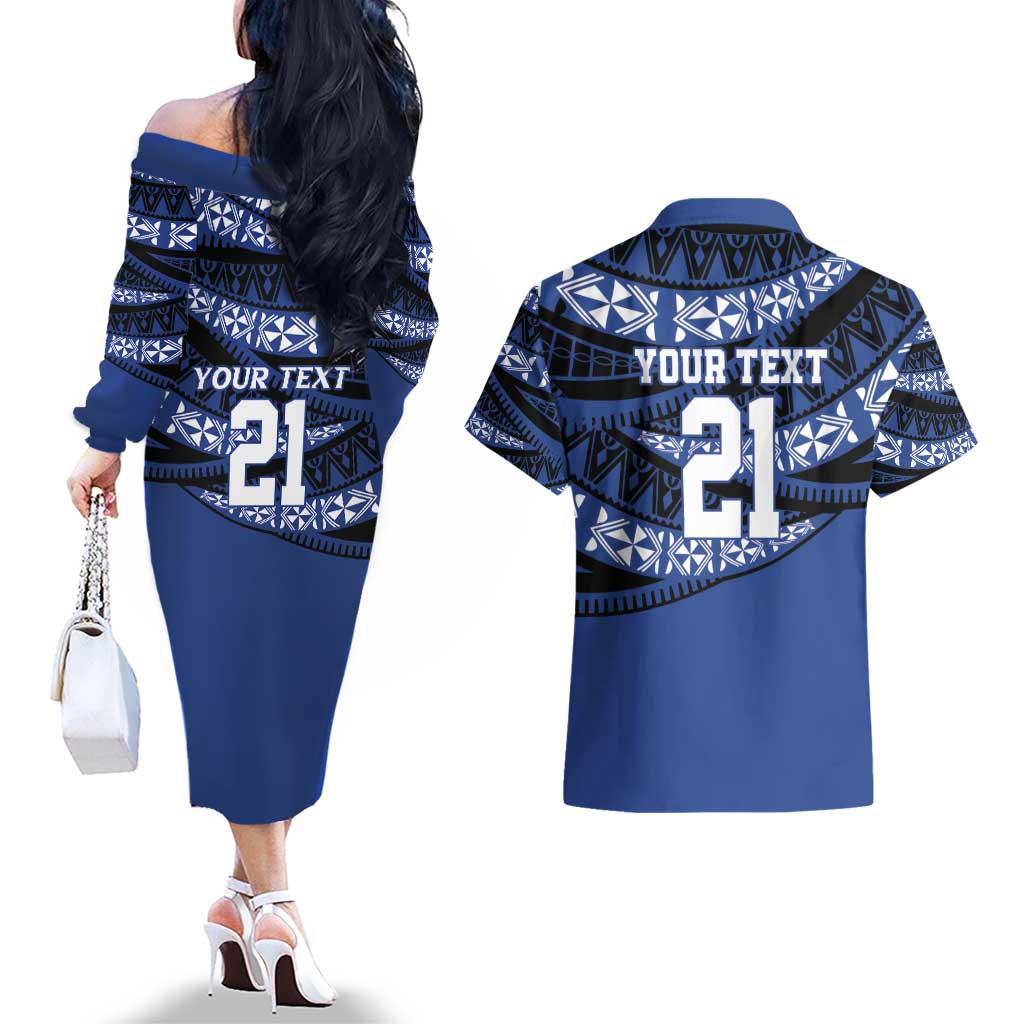 Fiji Rugby Pacific Custom Couples Matching Off The Shoulder Long Sleeve Dress and Hawaiian Shirt Pasifika Tapa Pattern