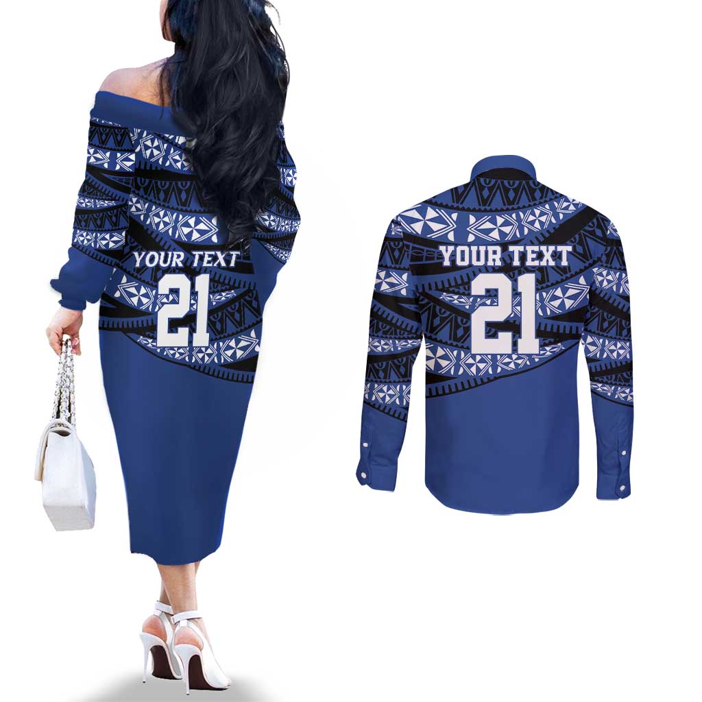 Fiji Rugby Pacific Custom Couples Matching Off The Shoulder Long Sleeve Dress and Long Sleeve Button Shirt Pasifika Tapa Pattern
