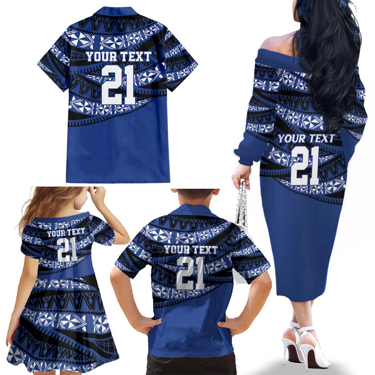 Fiji Rugby Pacific Custom Family Matching Off The Shoulder Long Sleeve Dress and Hawaiian Shirt Pasifika Tapa Pattern