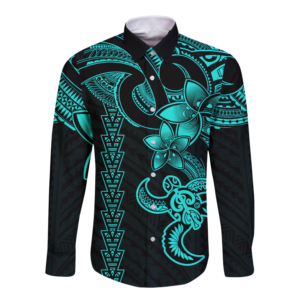 Hawaiian Tribal Long Sleeve Button Shirt Polynesian Kakau Turtle - Aqua LT9 Unisex Aqua - Polynesian Pride