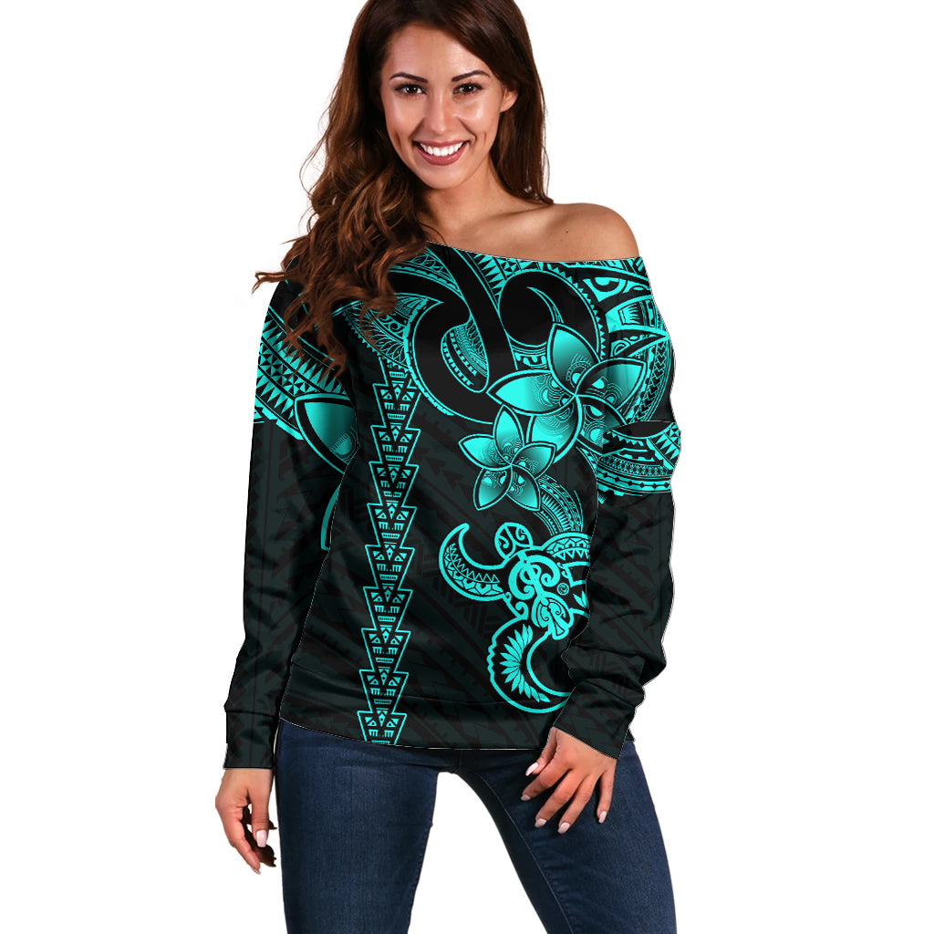 Hawaiian Tribal Off Shoulder Sweater Polynesian Kakau Turtle - Aqua LT9 Women Aqua - Polynesian Pride