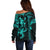 Hawaiian Tribal Off Shoulder Sweater Polynesian Kakau Turtle - Aqua LT9 - Polynesian Pride