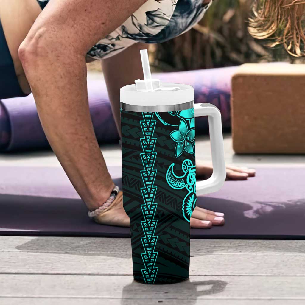 Aqua Hawaiian Kakau Turtle Tumbler With Handle Polynesian Tribal