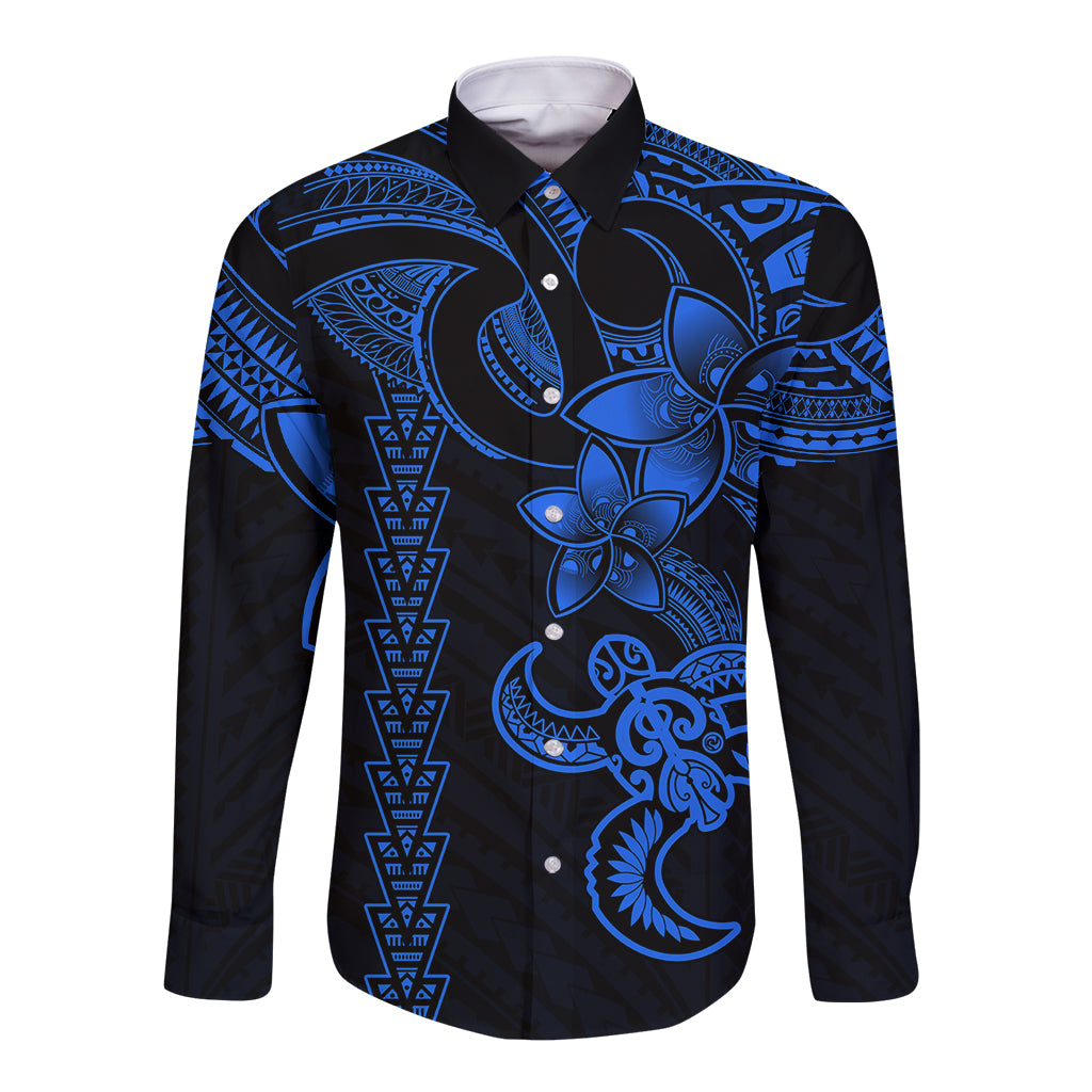 Hawaiian Tribal Long Sleeve Button Shirt Polynesian Kakau Turtle - Blue LT9 Unisex Blue - Polynesian Pride
