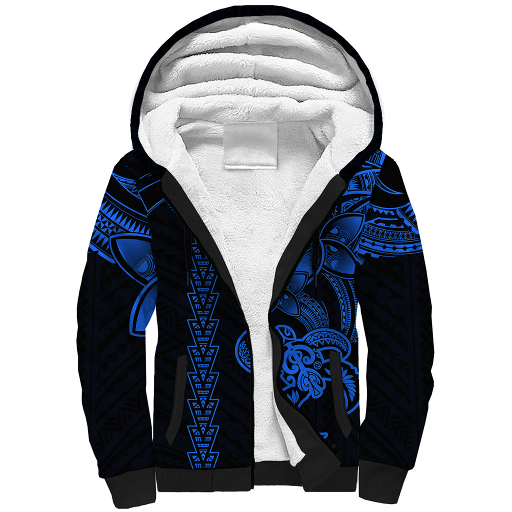 Hawaiian Tribal Sherpa Hoodie Polynesian Kakau Turtle - Blue LT9 Unisex Blue - Polynesian Pride