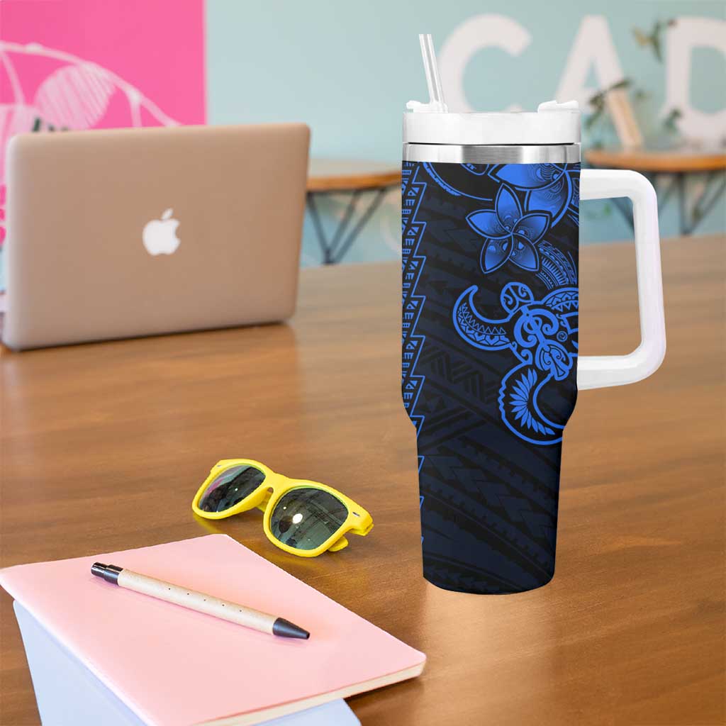 Blue Hawaiian Kakau Turtle Tumbler With Handle Polynesian Tribal