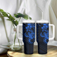 Blue Hawaiian Kakau Turtle Tumbler With Handle Polynesian Tribal