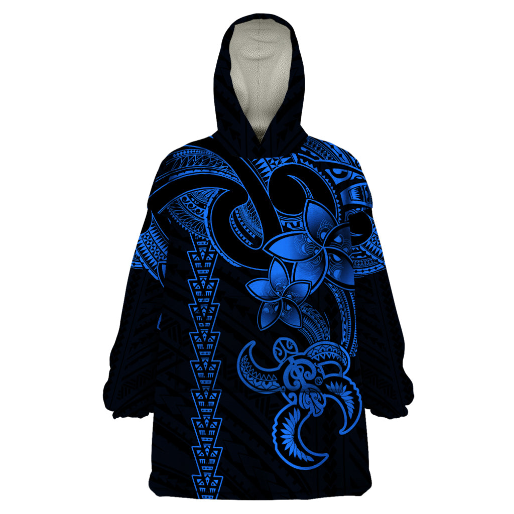 Hawaiian Tribal Wearable Blanket Hoodie Polynesian Kakau Turtle - Blue LT9 One Size Blue - Polynesian Pride