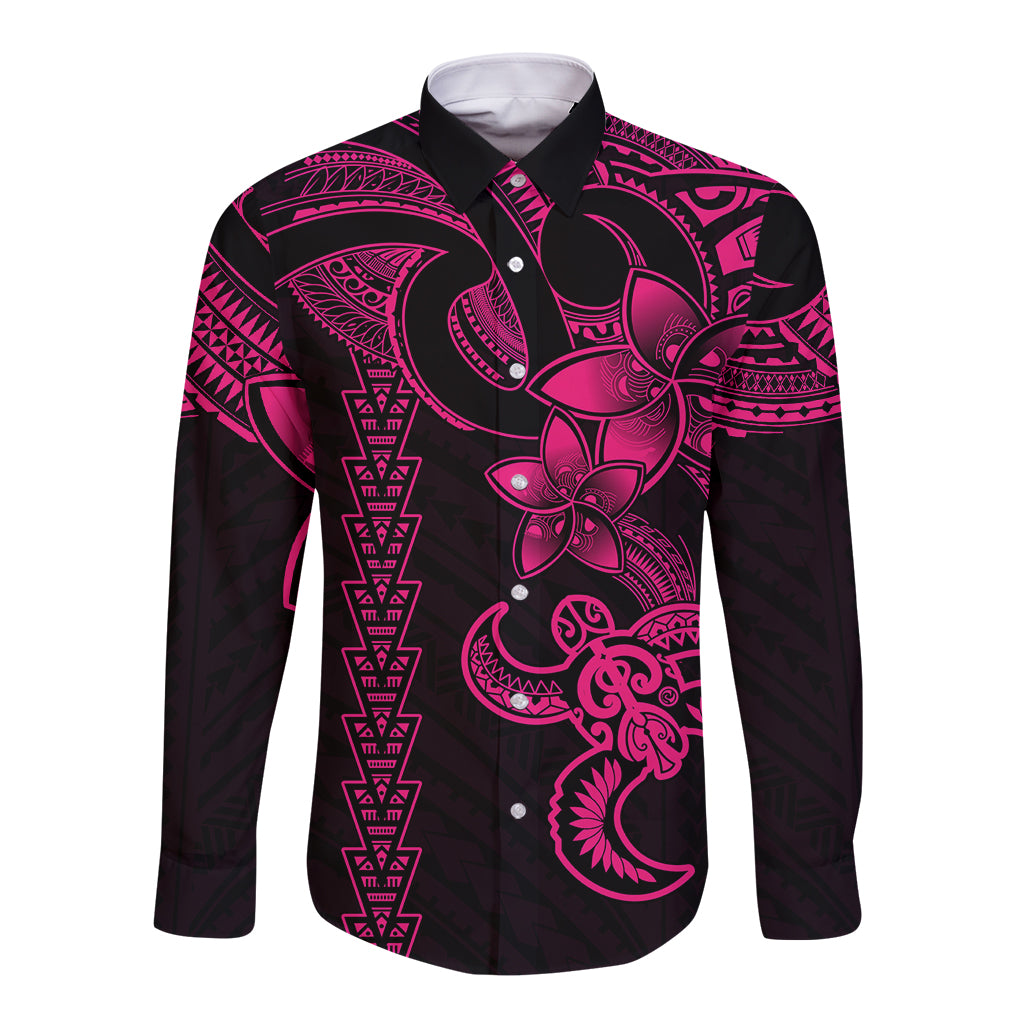 Hawaiian Tribal Long Sleeve Button Shirt Polynesian Kakau Turtle - Pink LT9 Unisex Pink - Polynesian Pride