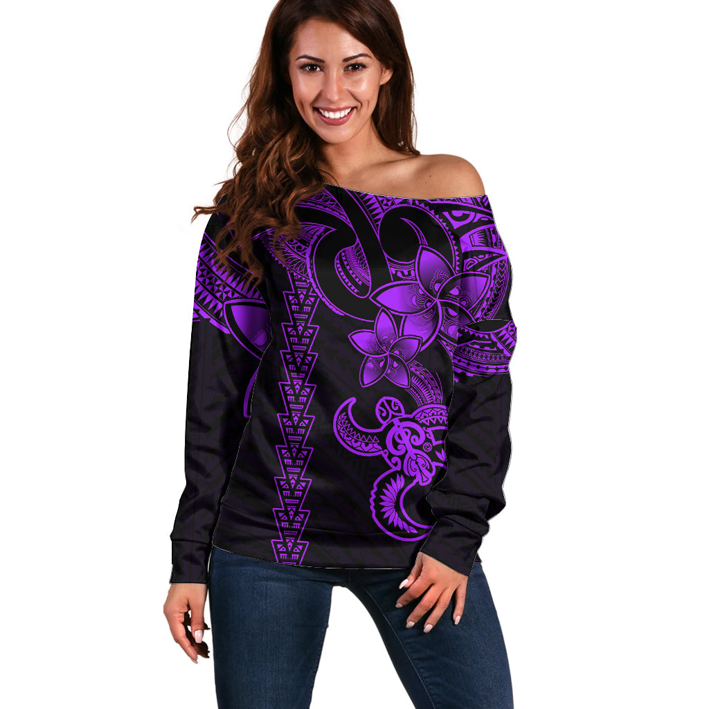 Hawaiian Tribal Off Shoulder Sweater Polynesian Kakau Turtle - Purple LT9 Women Purple - Polynesian Pride