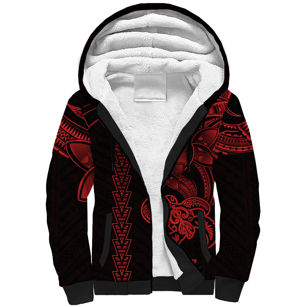 Hawaiian Tribal Sherpa Hoodie Polynesian Kakau Turtle - Red LT9 Unisex Red - Polynesian Pride