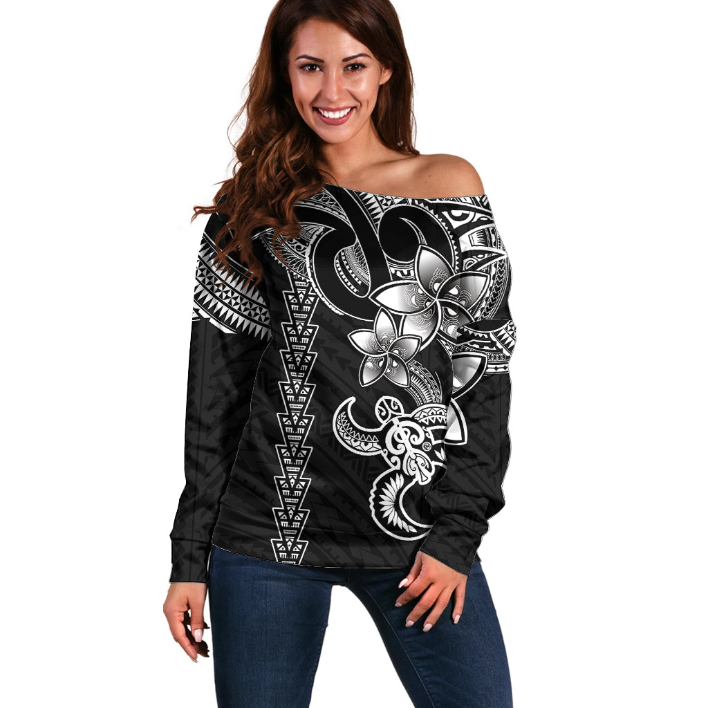 Hawaiian Tribal Off Shoulder Sweater Polynesian Kakau Turtle - White LT9 Women White - Polynesian Pride