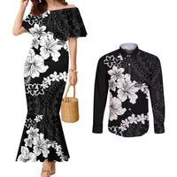 American Samoa Lotu Tamaiti Couples Matching Mermaid Dress and Long Sleeve Button Shirt White Sunday Plumeria Black Vibe