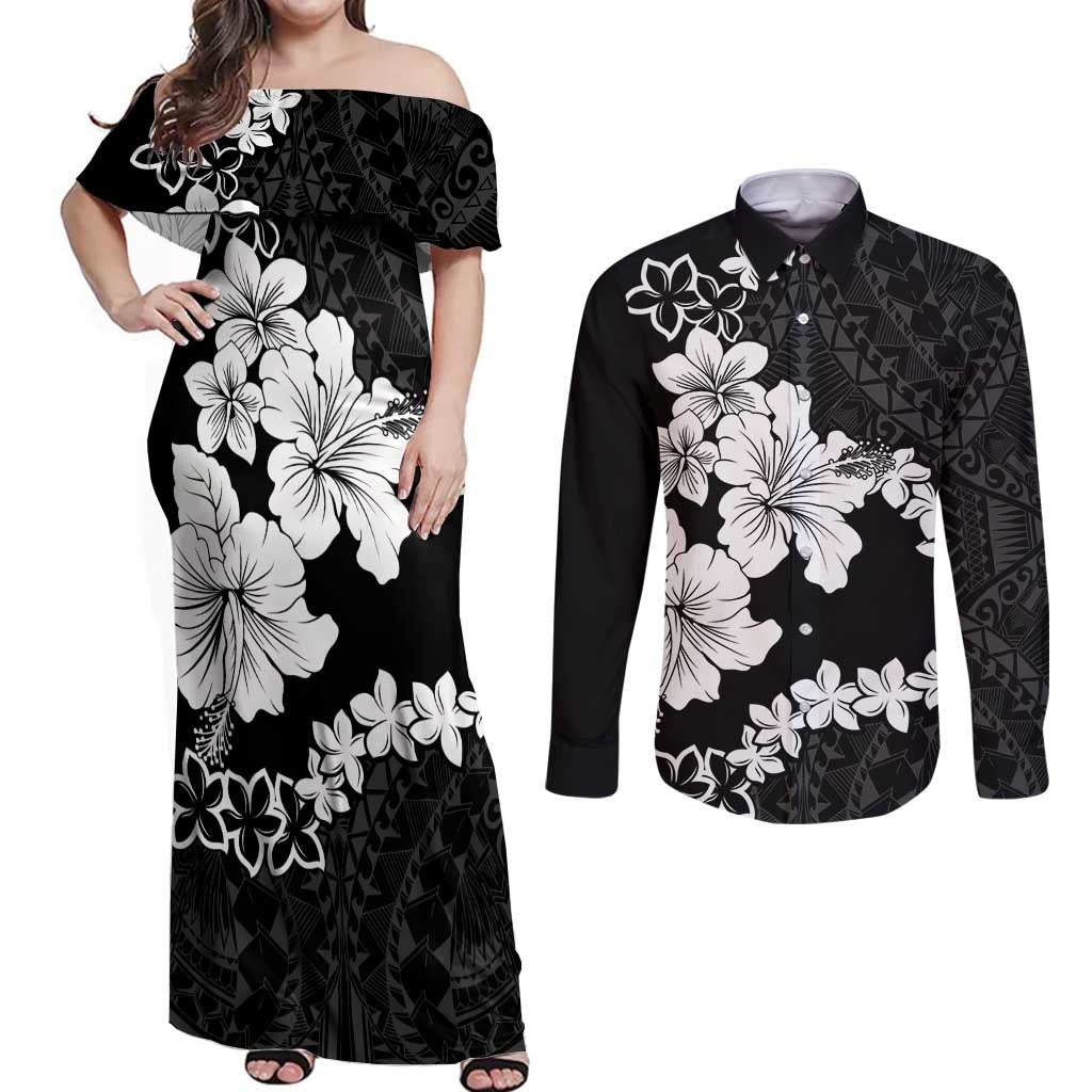 American Samoa Lotu Tamaiti Couples Matching Off Shoulder Maxi Dress and Long Sleeve Button Shirt White Sunday Plumeria Black Vibe