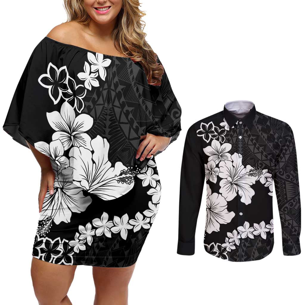 American Samoa Lotu Tamaiti Couples Matching Off Shoulder Short Dress and Long Sleeve Button Shirt White Sunday Plumeria Black Vibe