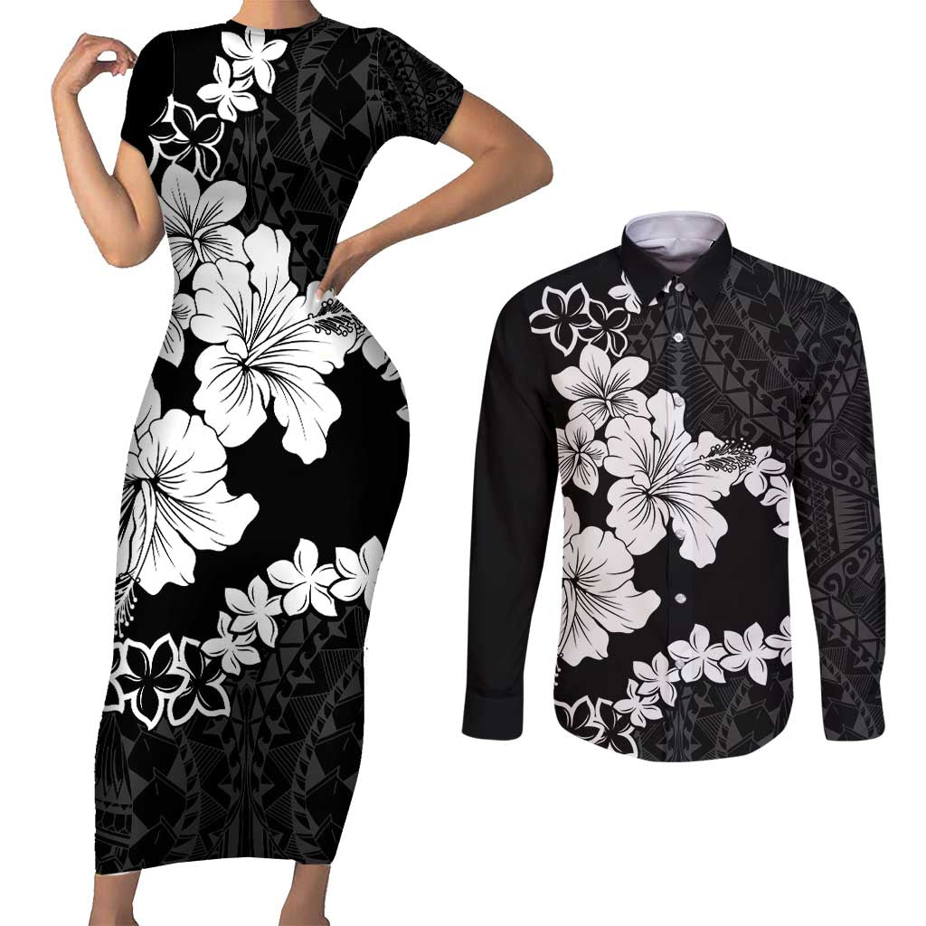 American Samoa Lotu Tamaiti Couples Matching Short Sleeve Bodycon Dress and Long Sleeve Button Shirt White Sunday Plumeria Black Vibe