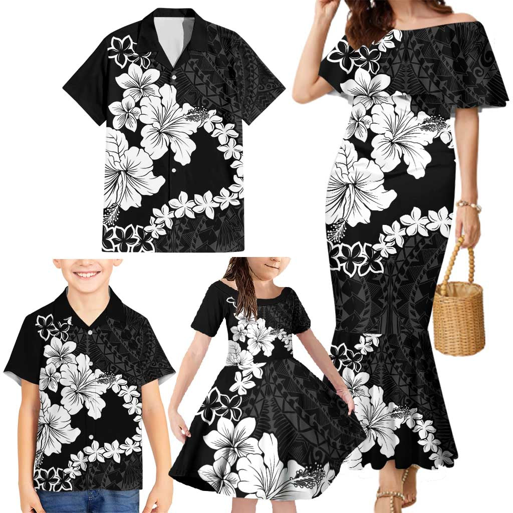 American Samoa Lotu Tamaiti Family Matching Mermaid Dress and Hawaiian Shirt White Sunday Plumeria Black Vibe