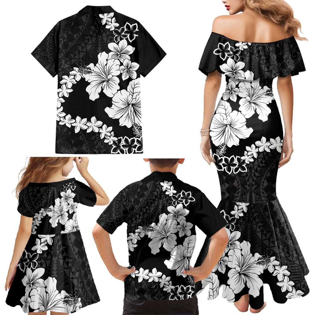 American Samoa Lotu Tamaiti Family Matching Mermaid Dress and Hawaiian Shirt White Sunday Plumeria Black Vibe
