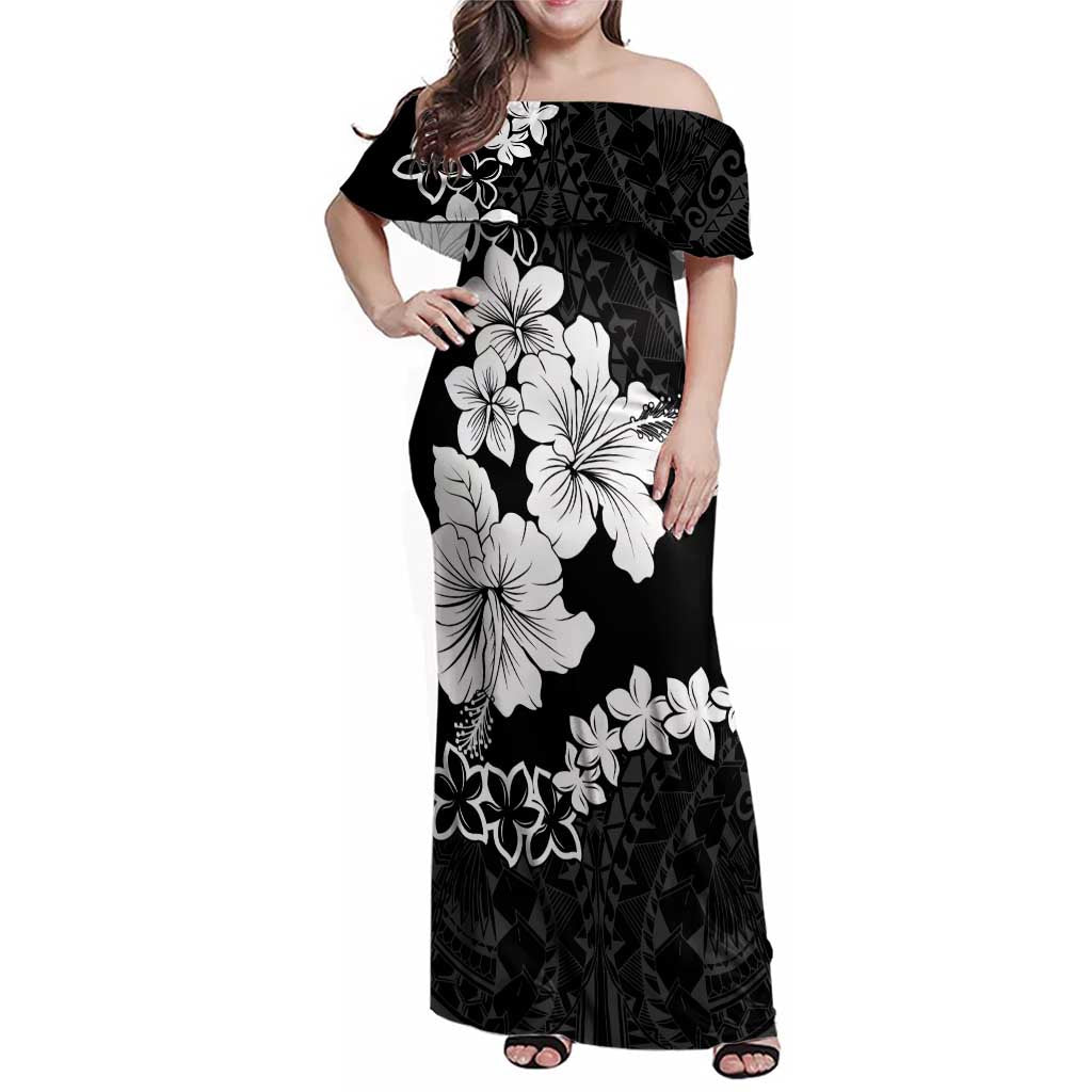 American Samoa Lotu Tamaiti Family Matching Off Shoulder Maxi Dress and Hawaiian Shirt White Sunday Plumeria Black Vibe