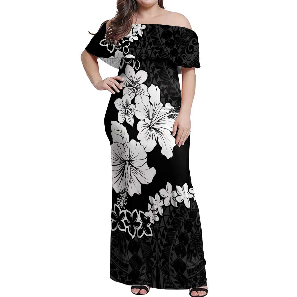 American Samoa Lotu Tamaiti Off Shoulder Maxi Dress White Sunday Plumeria Black Vibe