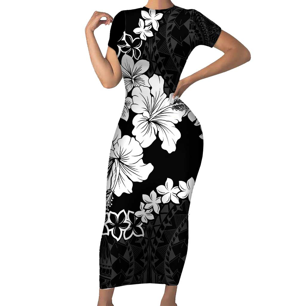 American Samoa Lotu Tamaiti Short Sleeve Bodycon Dress White Sunday Plumeria Black Vibe