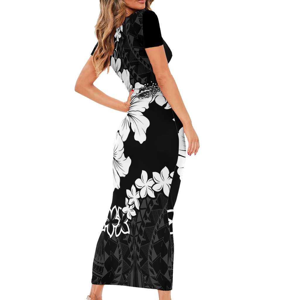 American Samoa Lotu Tamaiti Short Sleeve Bodycon Dress White Sunday Plumeria Black Vibe