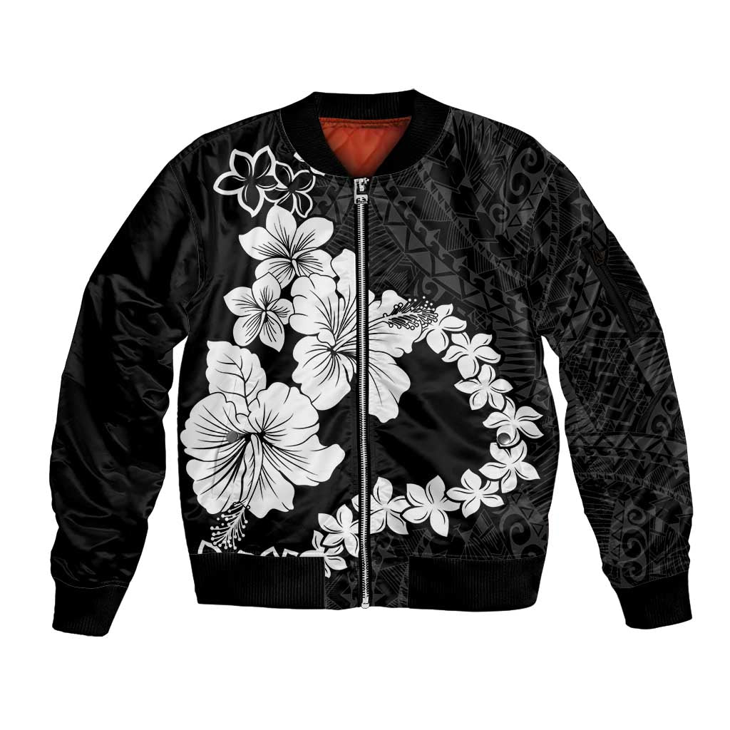 American Samoa Lotu Tamaiti Sleeve Zip Bomber Jacket White Sunday Plumeria Black Vibe