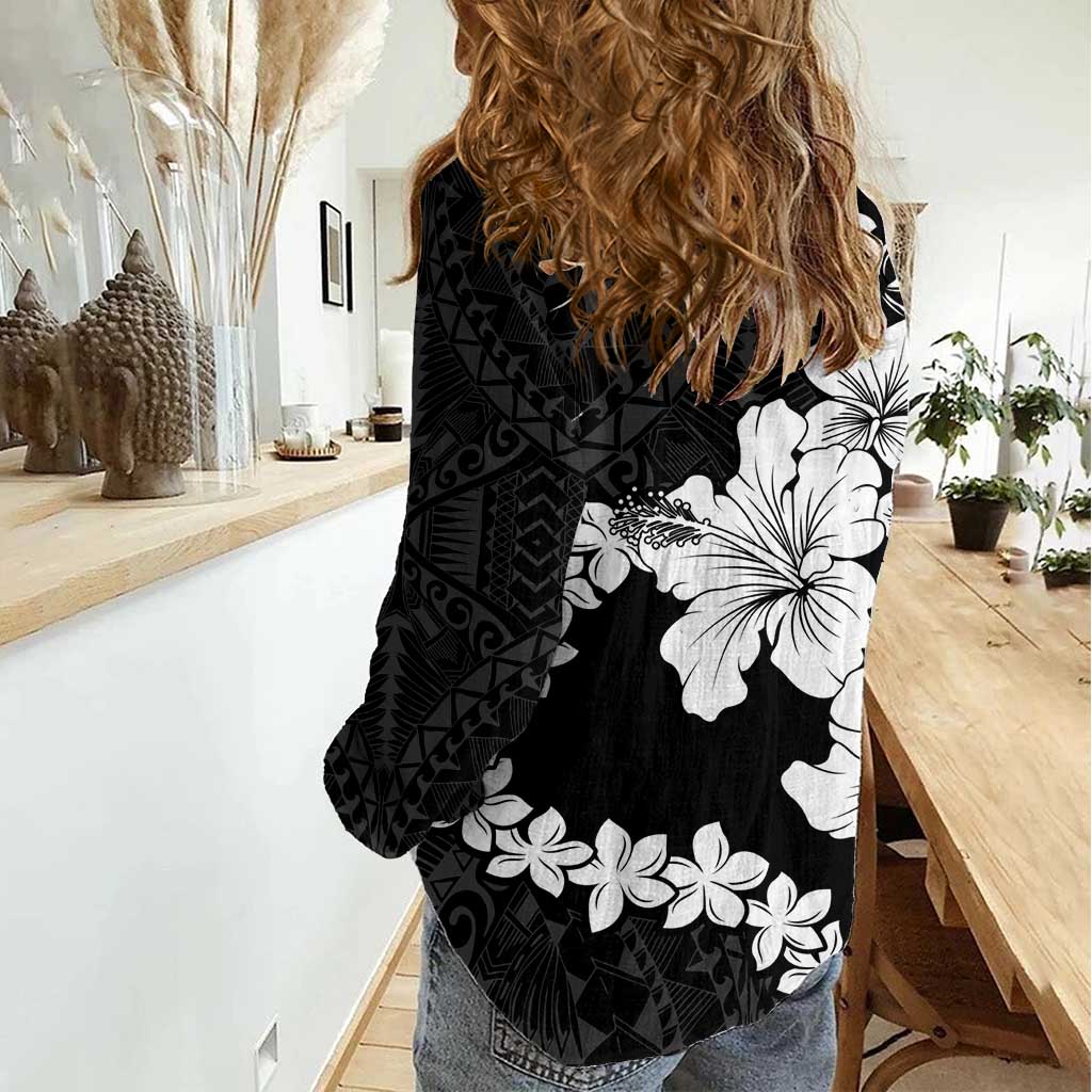 American Samoa Lotu Tamaiti Women Casual Shirt White Sunday Plumeria Black Vibe