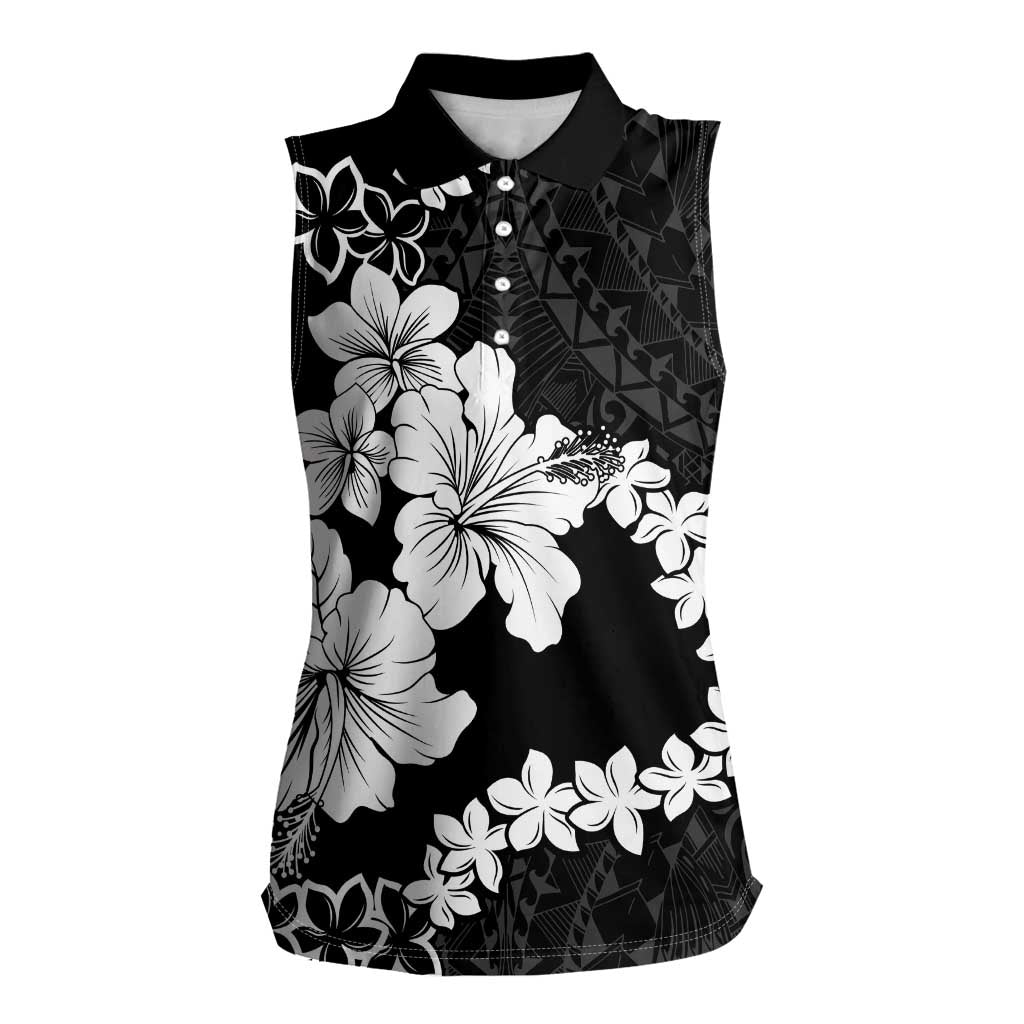 American Samoa Lotu Tamaiti Women Sleeveless Polo Shirt White Sunday Plumeria Black Vibe