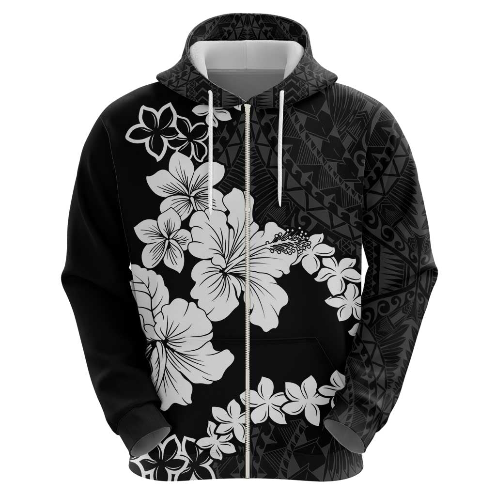 American Samoa Lotu Tamaiti Zip Hoodie White Sunday Plumeria Black Vibe
