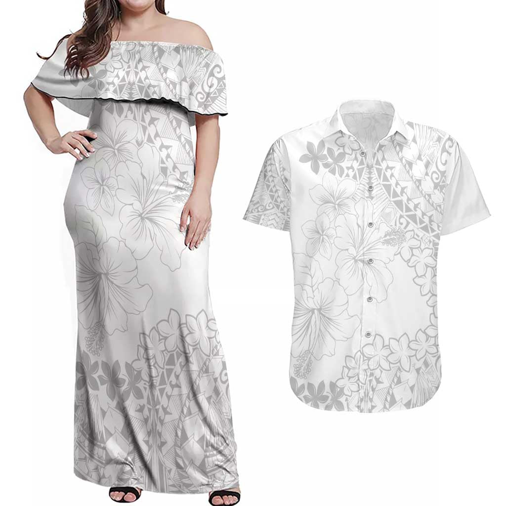 American Samoa Lotu Tamaiti Couples Matching Off Shoulder Maxi Dress and Hawaiian Shirt White Sunday Plumeria White Vibe