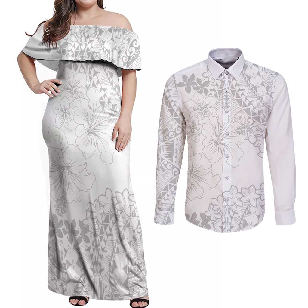 American Samoa Lotu Tamaiti Couples Matching Off Shoulder Maxi Dress and Long Sleeve Button Shirt White Sunday Plumeria White Vibe