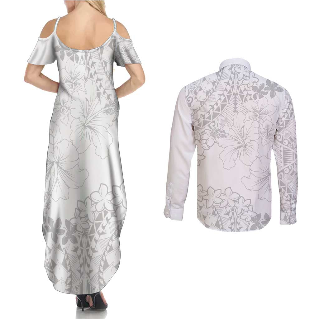 American Samoa Lotu Tamaiti Couples Matching Summer Maxi Dress and Long Sleeve Button Shirt White Sunday Plumeria White Vibe