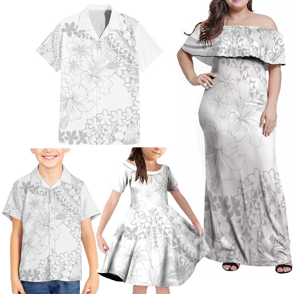American Samoa Lotu Tamaiti Family Matching Off Shoulder Maxi Dress and Hawaiian Shirt White Sunday Plumeria White Vibe