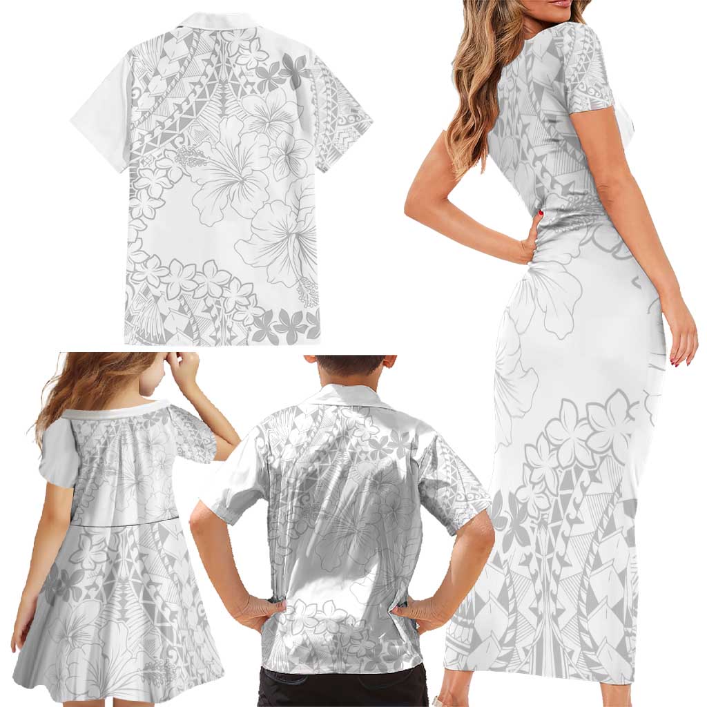 American Samoa Lotu Tamaiti Family Matching Short Sleeve Bodycon Dress and Hawaiian Shirt White Sunday Plumeria White Vibe