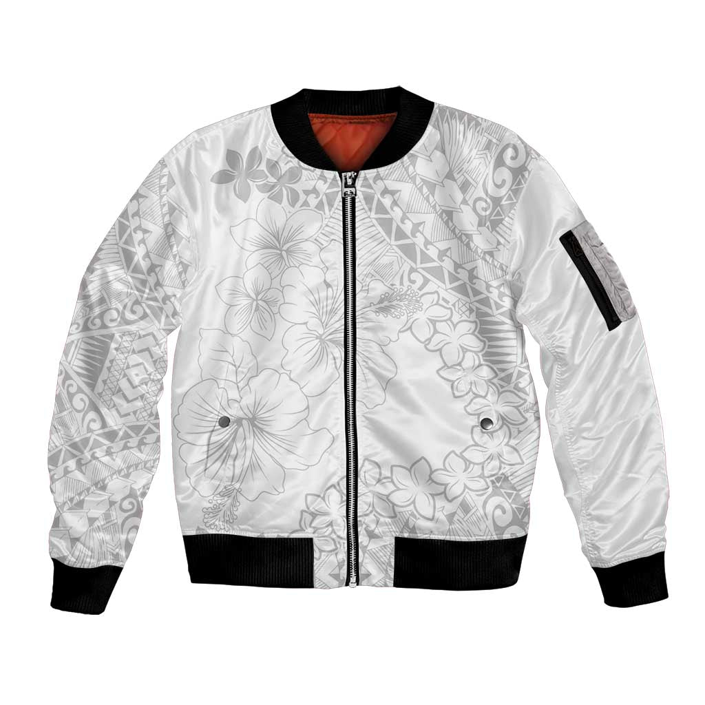 American Samoa Lotu Tamaiti Sleeve Zip Bomber Jacket White Sunday Plumeria White Vibe