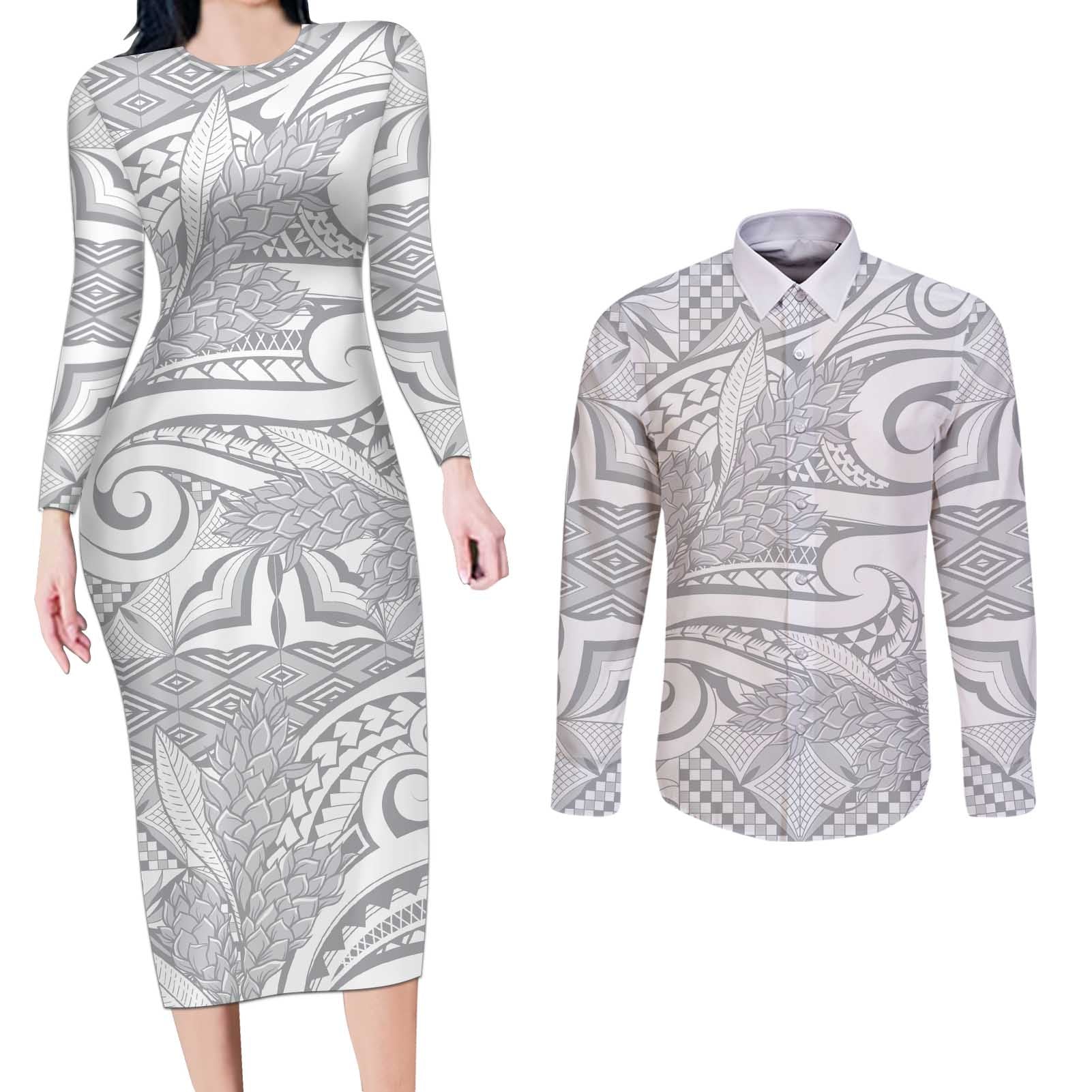 Lotu Tamaiti Samoa Siapo Couples Matching Long Sleeve Bodycon Dress and Long Sleeve Button Shirt White Sunday With Teuila Torch Ginger