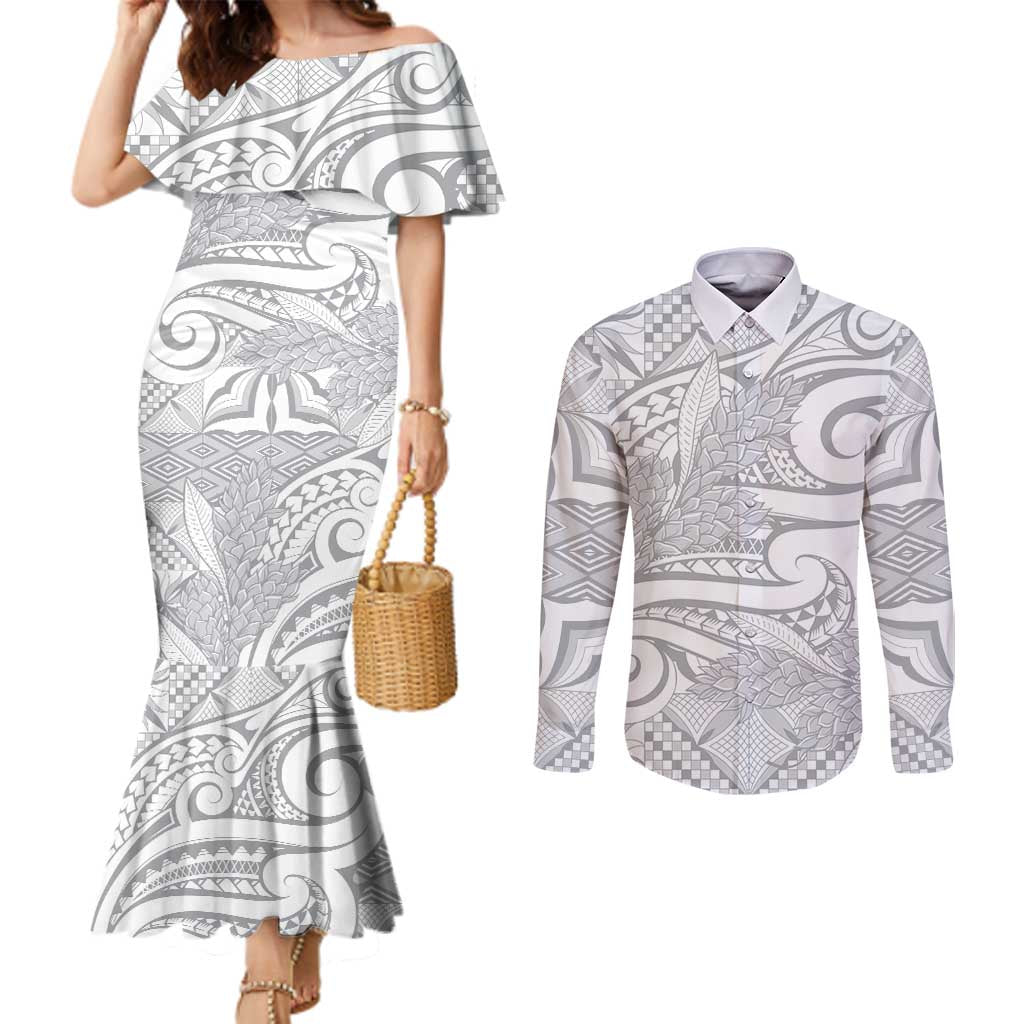 Lotu Tamaiti Samoa Siapo Couples Matching Mermaid Dress and Long Sleeve Button Shirt White Sunday With Teuila Torch Ginger